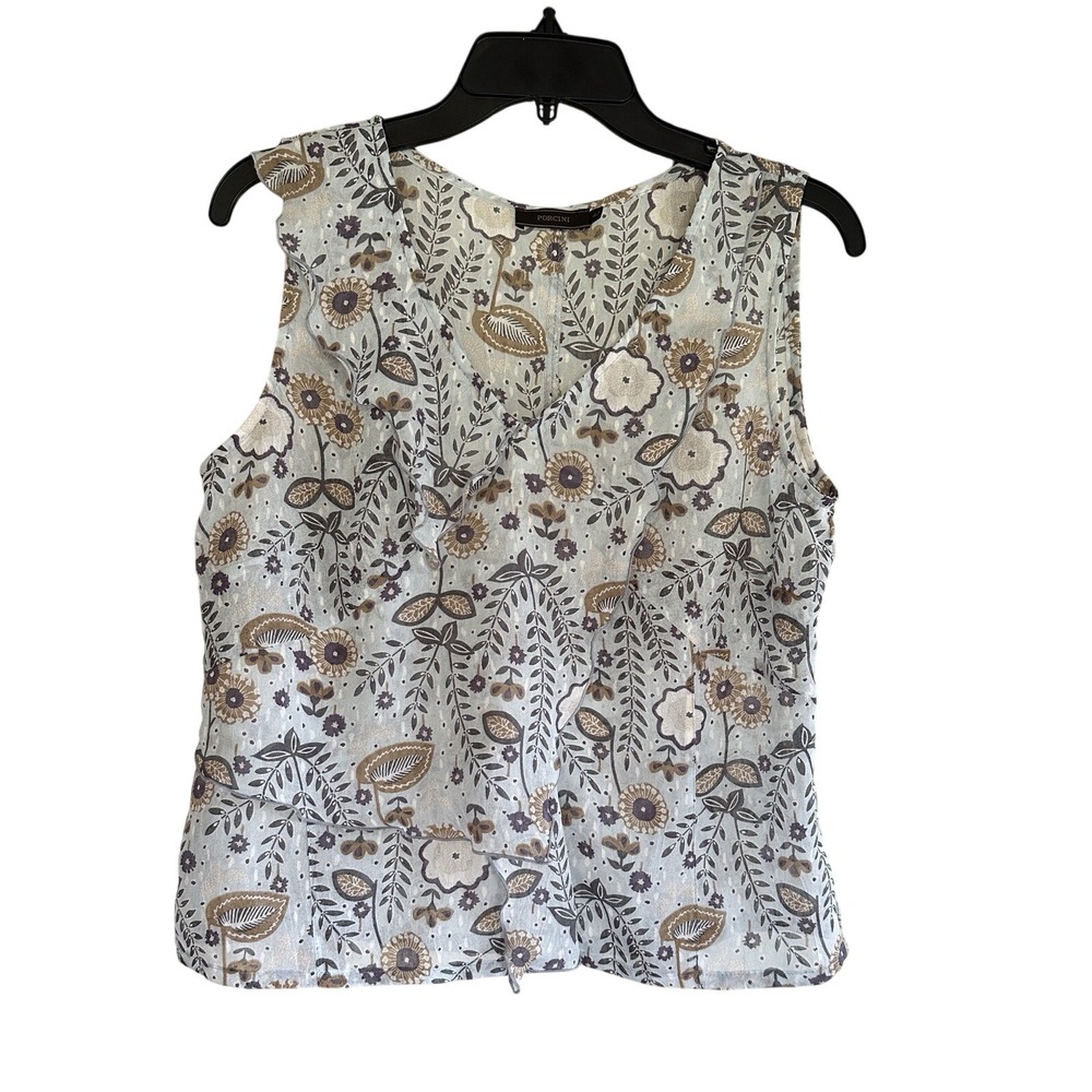 Porcini Women's Sleeveless Lightweight Floral Flowy Top Gray‎ Beige Size 42 (L)